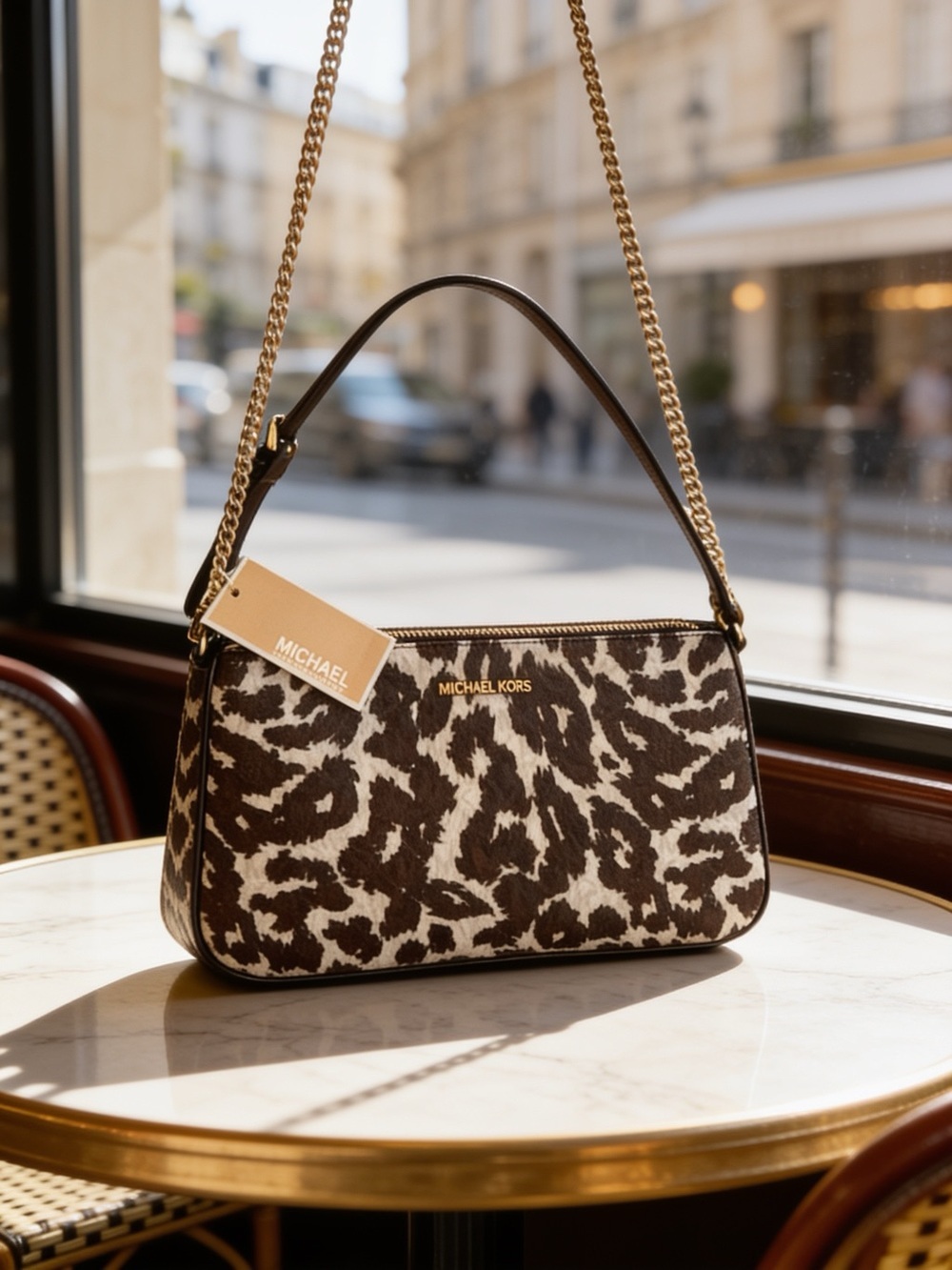 Michael Kors brown & cream Iconic Leopard Print Shoulder Bag leather accents